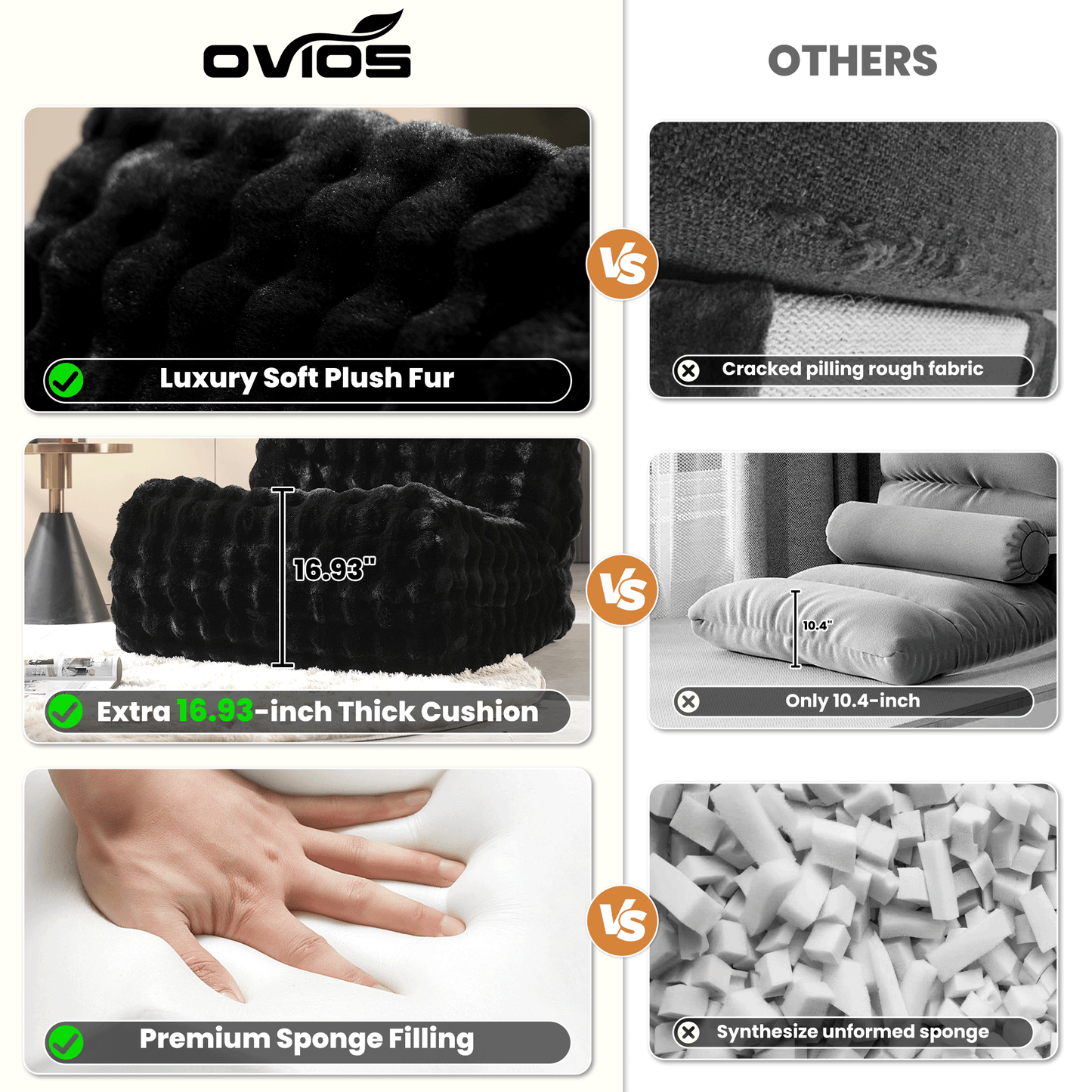 OVIOS Luxurious Fluffy Faux Fur Bean Bag Couch
