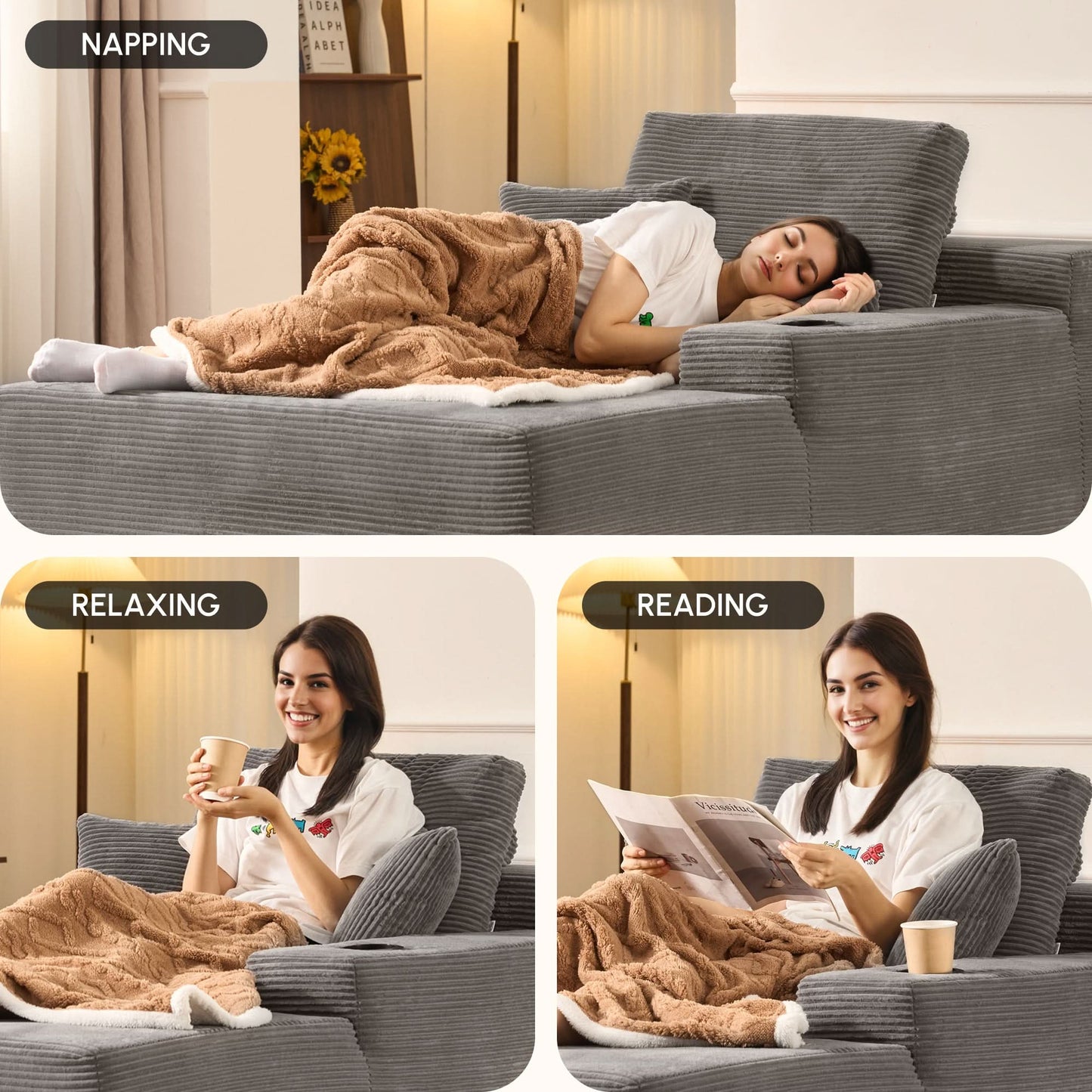 OVIOS 67'' Oversized Chaise Lounge ,Corduroy Sleeper Sofa with Cup Holders