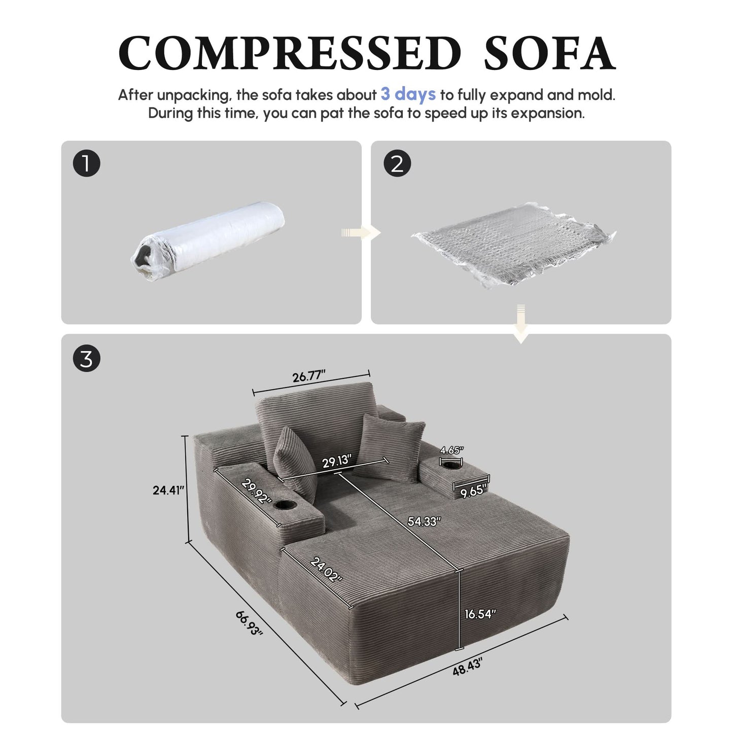 OVIOS 67'' Oversized Chaise Lounge ,Corduroy Sleeper Sofa with Cup Holders