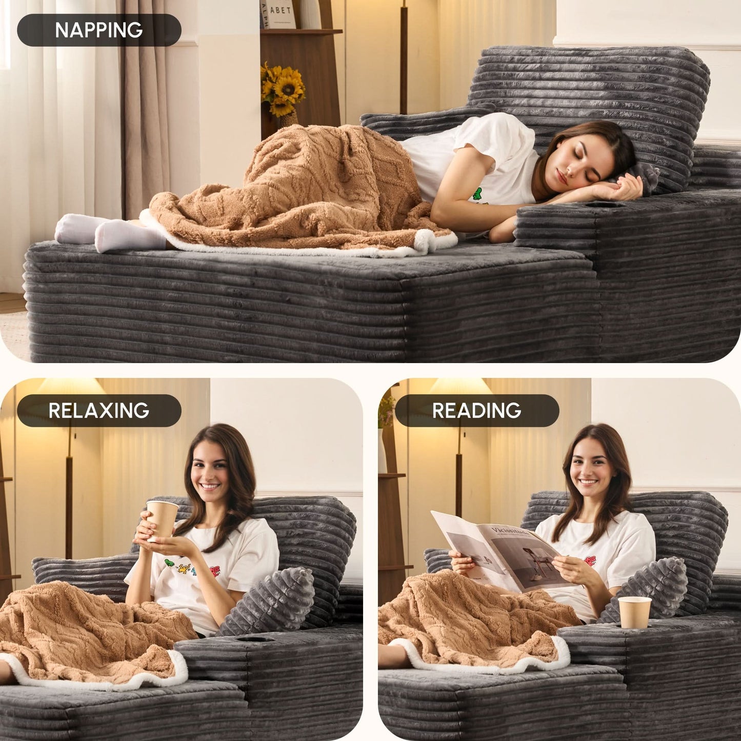 OVIOS 67'' Chaise Lounge Chair with Cup Holders