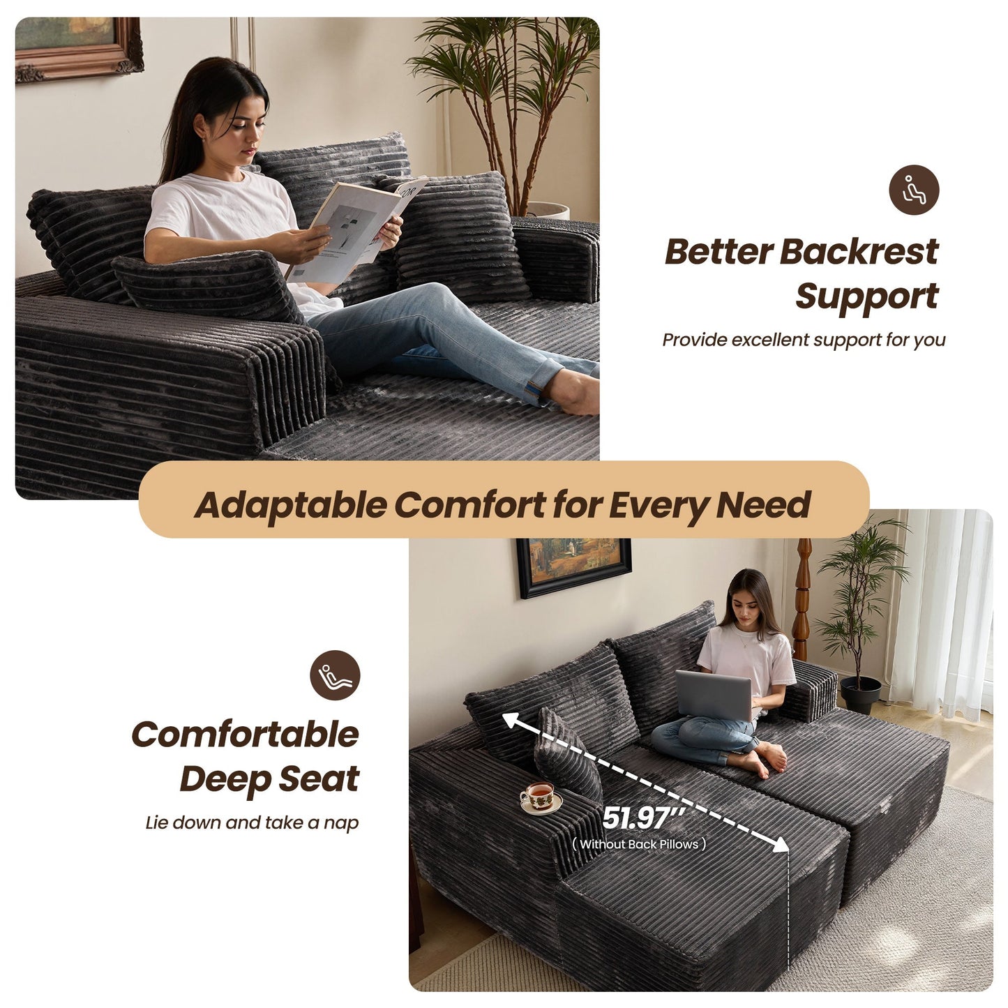 OVIOS 81" Boneless Sofa, Sleeper Couch, No Assembly Required