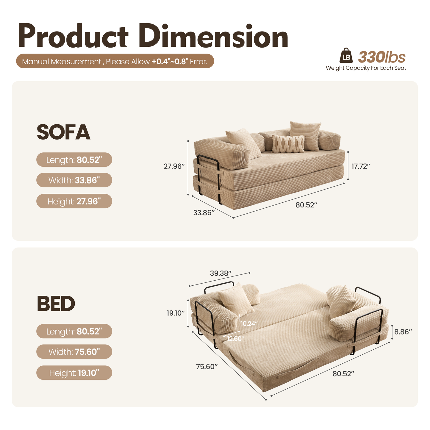 Ovios 80" Convertible Modular Sofa Bed