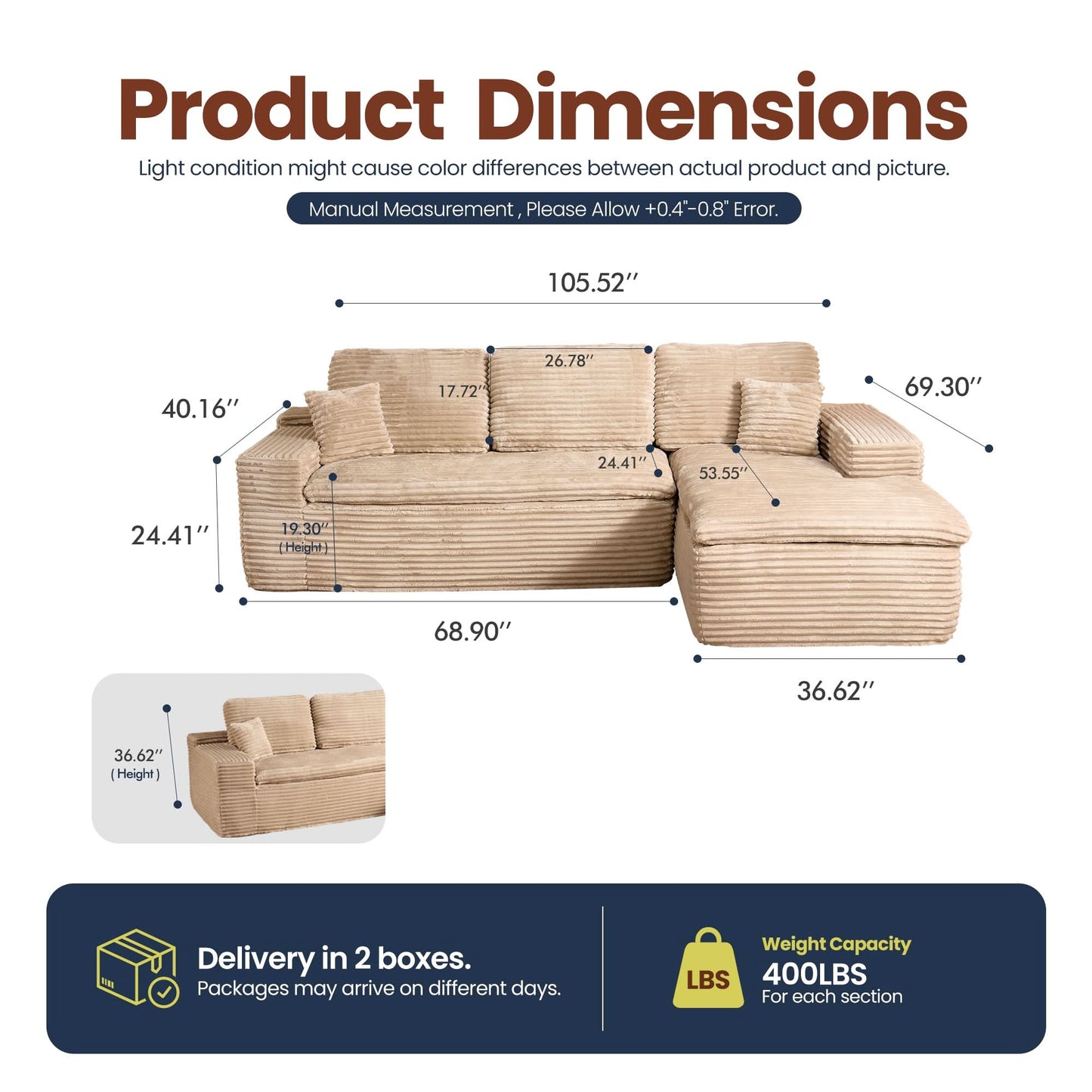 OVIOS 105" Modular Sectional Sofa with Chaise,Deep Seat Cloud Couch, Modern L-Shape