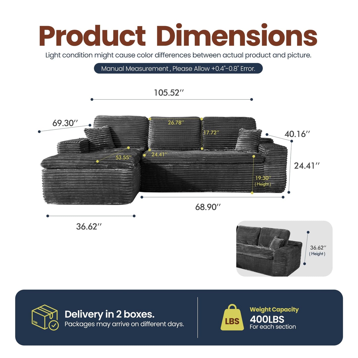 OVIOS 105" Modular Sectional Sofa with Chaise,Deep Seat Cloud Couch, Modern L-Shape