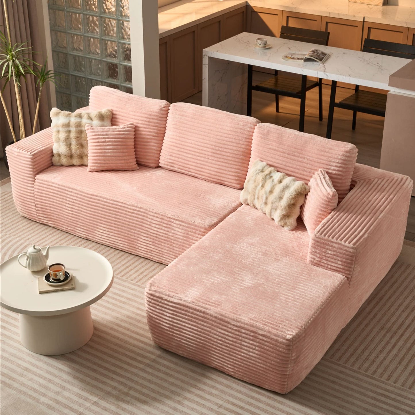 OVIOS 104" L-Shape Modular Couch with Chaise, Plush Corduroy Fabric, No Assembly Required