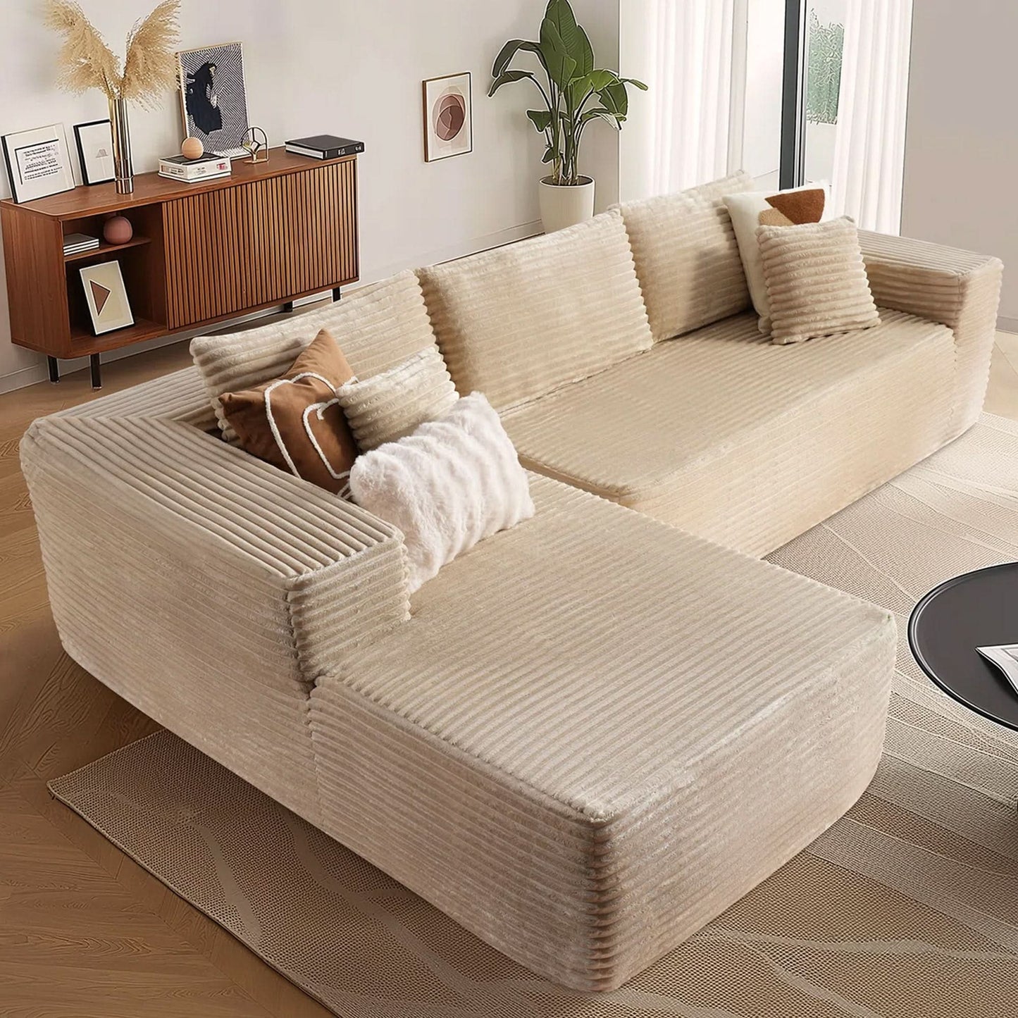 OVIOS 104" L-Shape Modular Couch with Chaise, Plush Corduroy Fabric, No Assembly Required