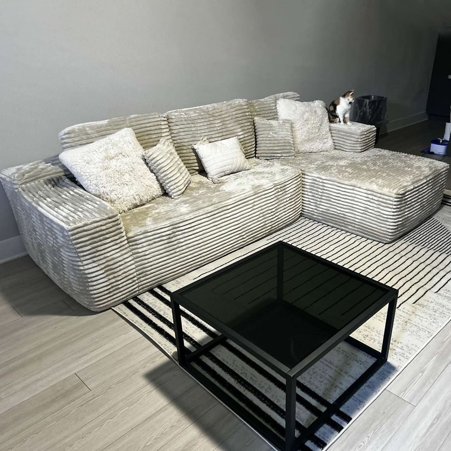 OVIOS 104" L-Shape Modular Couch with Chaise, Plush Corduroy Fabric, No Assembly Required