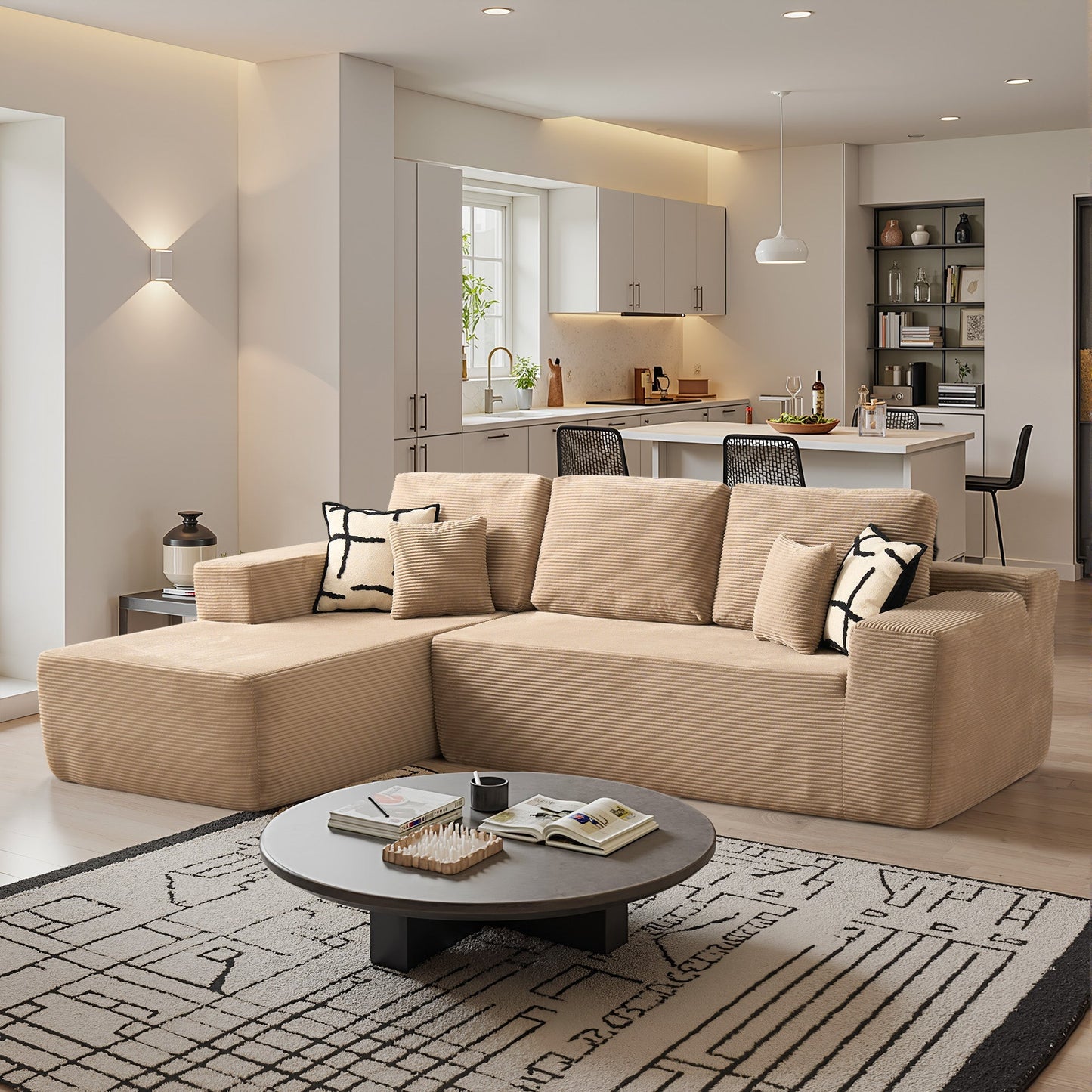 OVIOS 104" L-Shape Modular Couch with Chaise,Corduroy Fabric,No Assembly Required