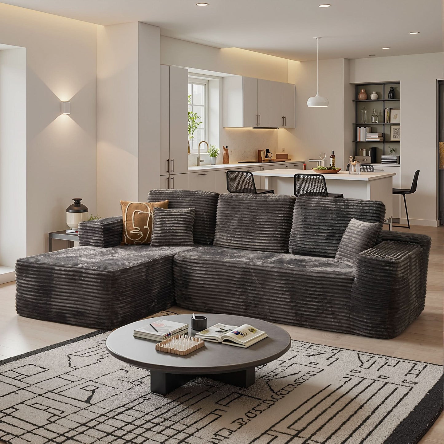 OVIOS 104" L-Shape Modular Couch with Chaise, Plush Corduroy Fabric, No Assembly Required