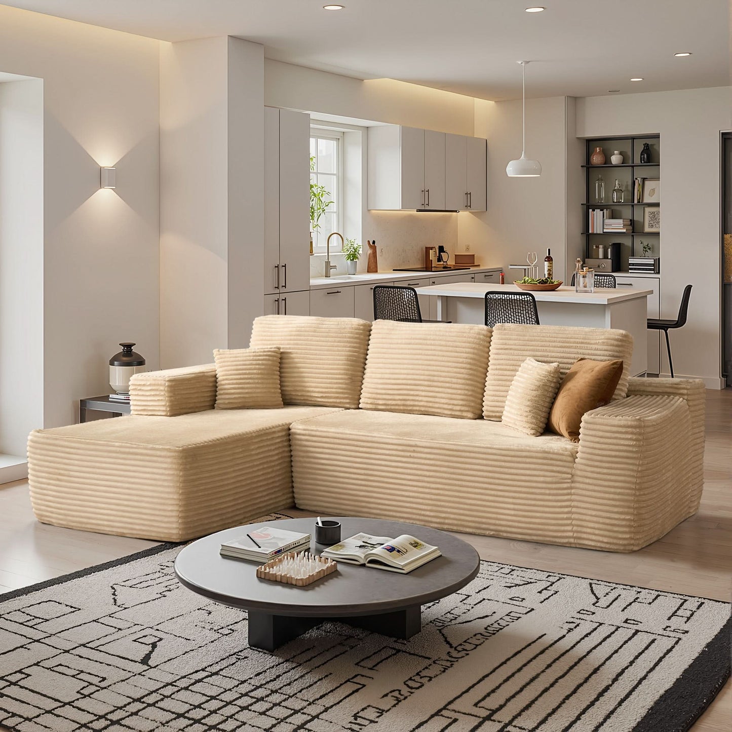 OVIOS 104" L-Shape Modular Couch with Chaise, Plush Corduroy Fabric, No Assembly Required