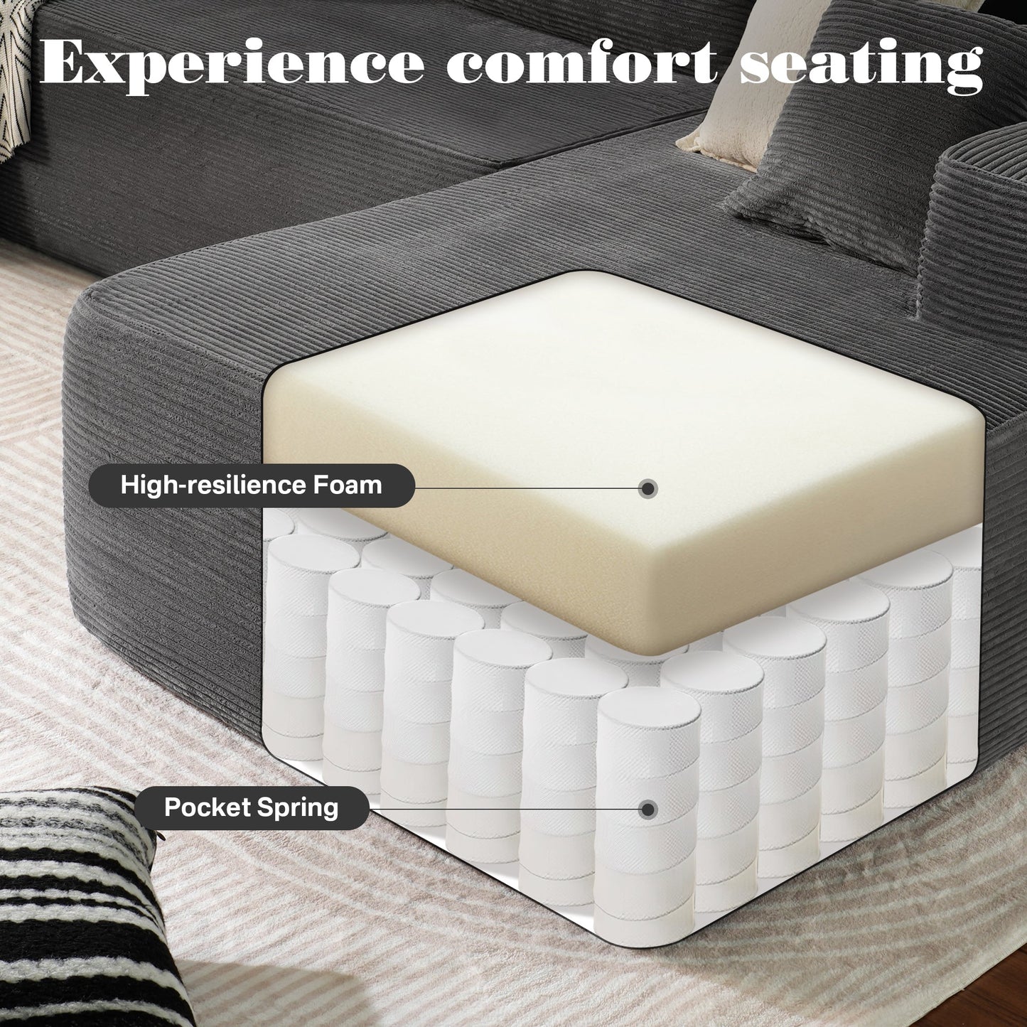 OVIOS 104" L-Shape Modular Couch with Chaise,Corduroy Fabric,No Assembly Required