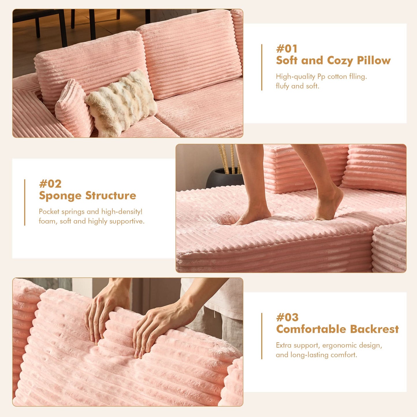 OVIOS 104" L-Shape Modular Couch with Chaise, Plush Corduroy Fabric, No Assembly Required