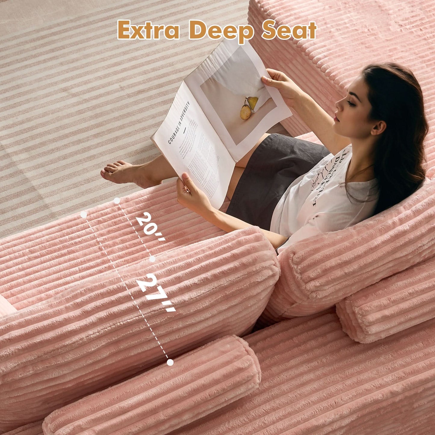 OVIOS 104" L-Shape Modular Couch with Chaise, Plush Corduroy Fabric, No Assembly Required