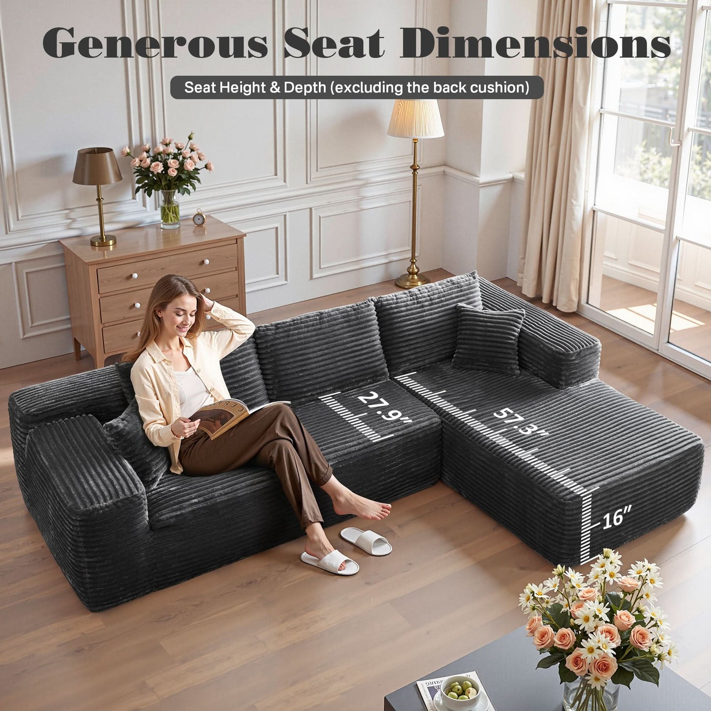 OVIOS 104" L-Shape Modular Couch with Chaise, Plush Corduroy Fabric, No Assembly Required