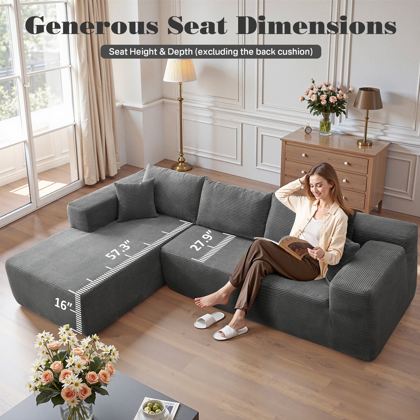 OVIOS 104" L-Shape Modular Couch with Chaise,Corduroy Fabric,No Assembly Required