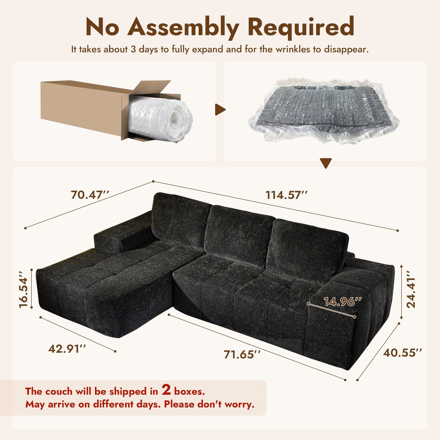 OVIOS 114" Cloud Sectional Sofa - L-Shaped Faux Leather Modular Couch with Deep Seat Chaise