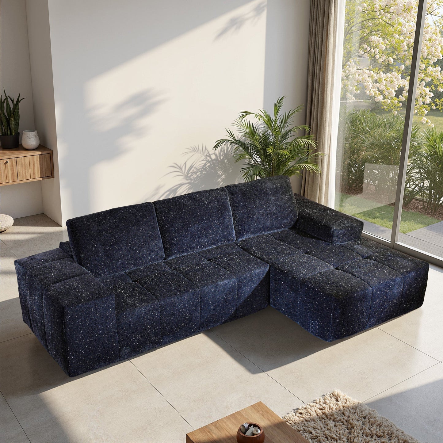 OVIOS 114" Cloud Sectional Sofa - L-Shaped Faux Leather Modular Couch with Deep Seat Chaise