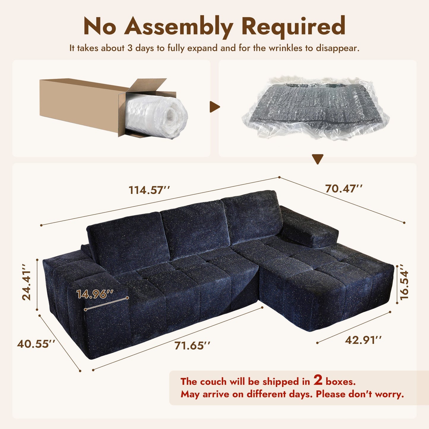 OVIOS 114" Cloud Sectional Sofa - L-Shaped Faux Leather Modular Couch with Deep Seat Chaise