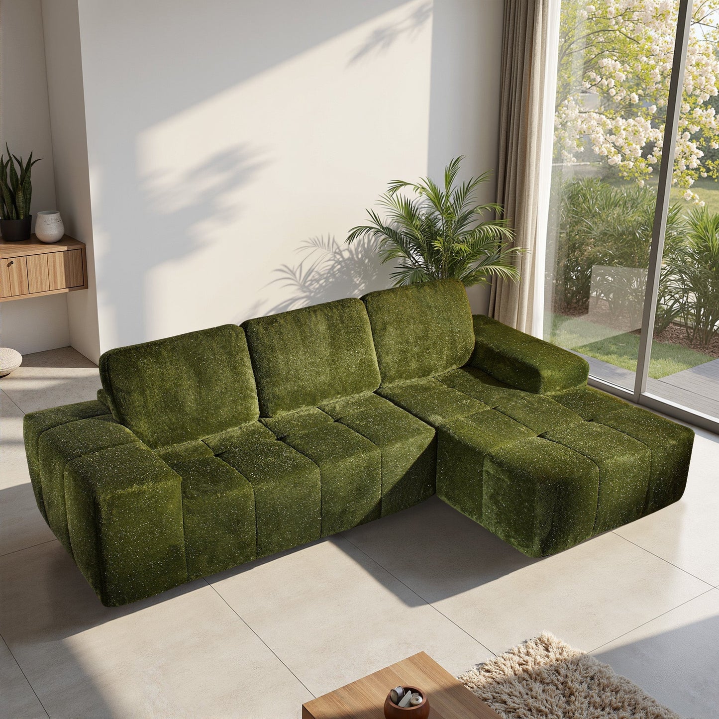 OVIOS 114" Cloud Sectional Sofa - L-Shaped Faux Leather Modular Couch with Deep Seat Chaise