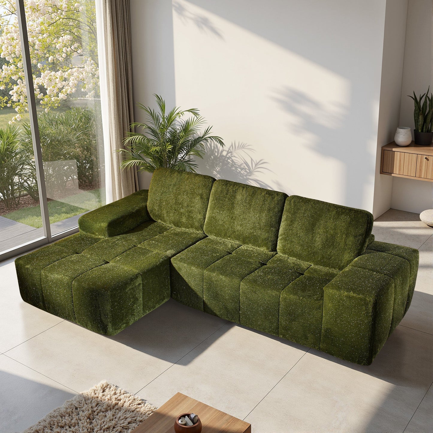 OVIOS 114" Cloud Sectional Sofa - L-Shaped Faux Leather Modular Couch with Deep Seat Chaise