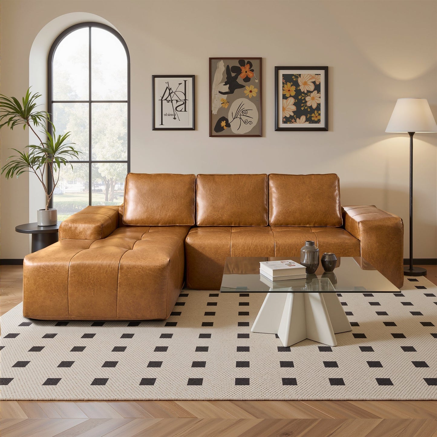 OVIOS 114" Cloud Sectional Sofa - L-Shaped Faux Leather Modular Couch with Deep Seat Chaise