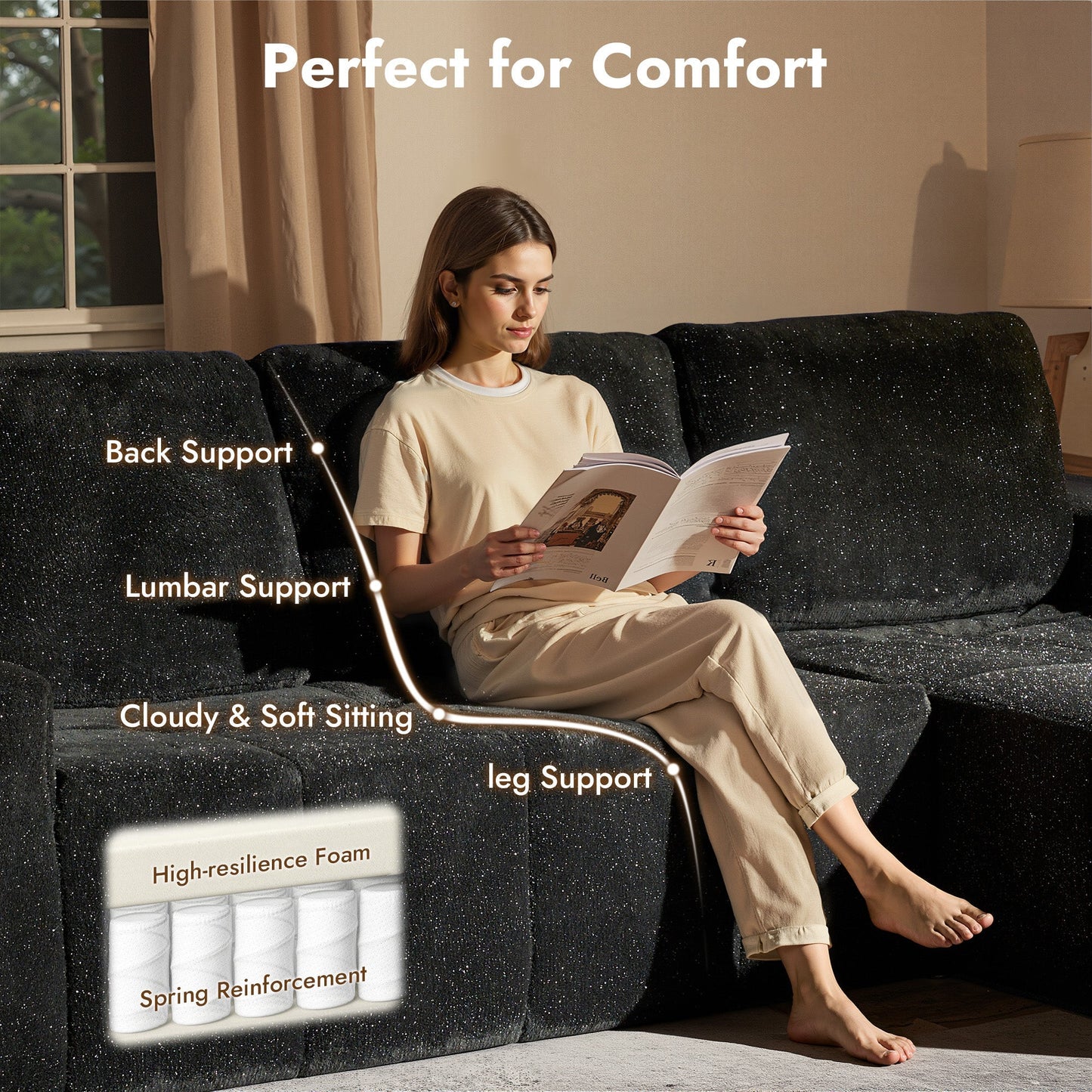 OVIOS 114" Cloud Sectional Sofa - L-Shaped Faux Leather Modular Couch with Deep Seat Chaise