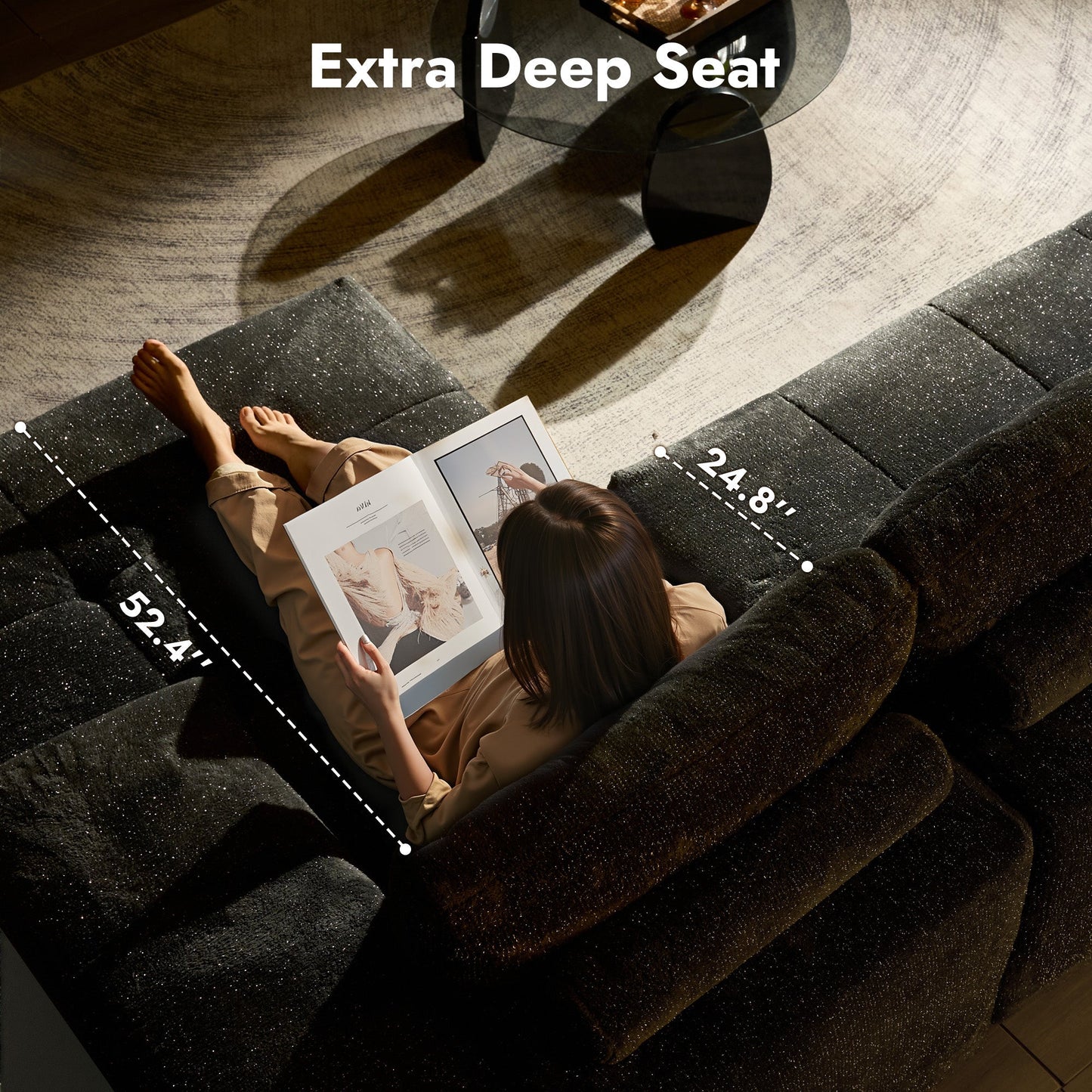 OVIOS 114" Cloud Sectional Sofa - L-Shaped Faux Leather Modular Couch with Deep Seat Chaise