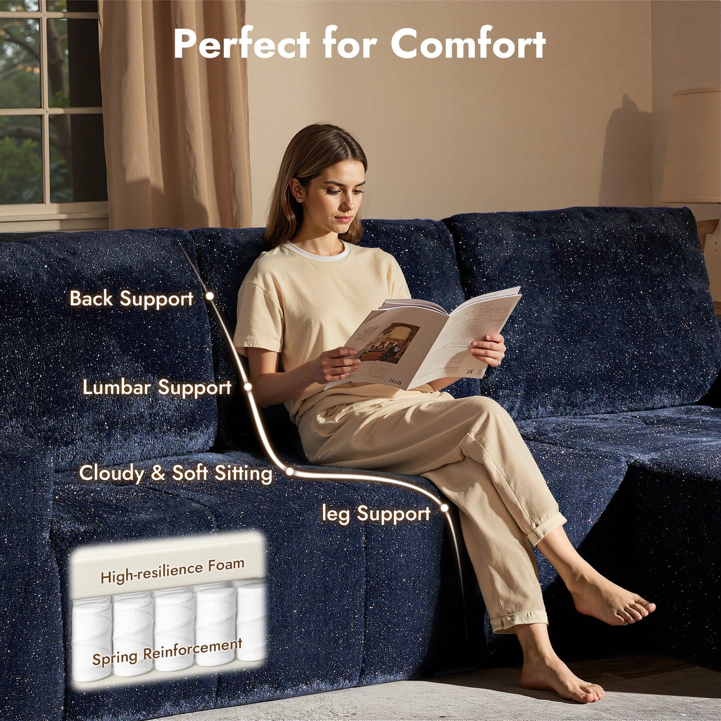 OVIOS 114" Cloud Sectional Sofa - L-Shaped Faux Leather Modular Couch with Deep Seat Chaise