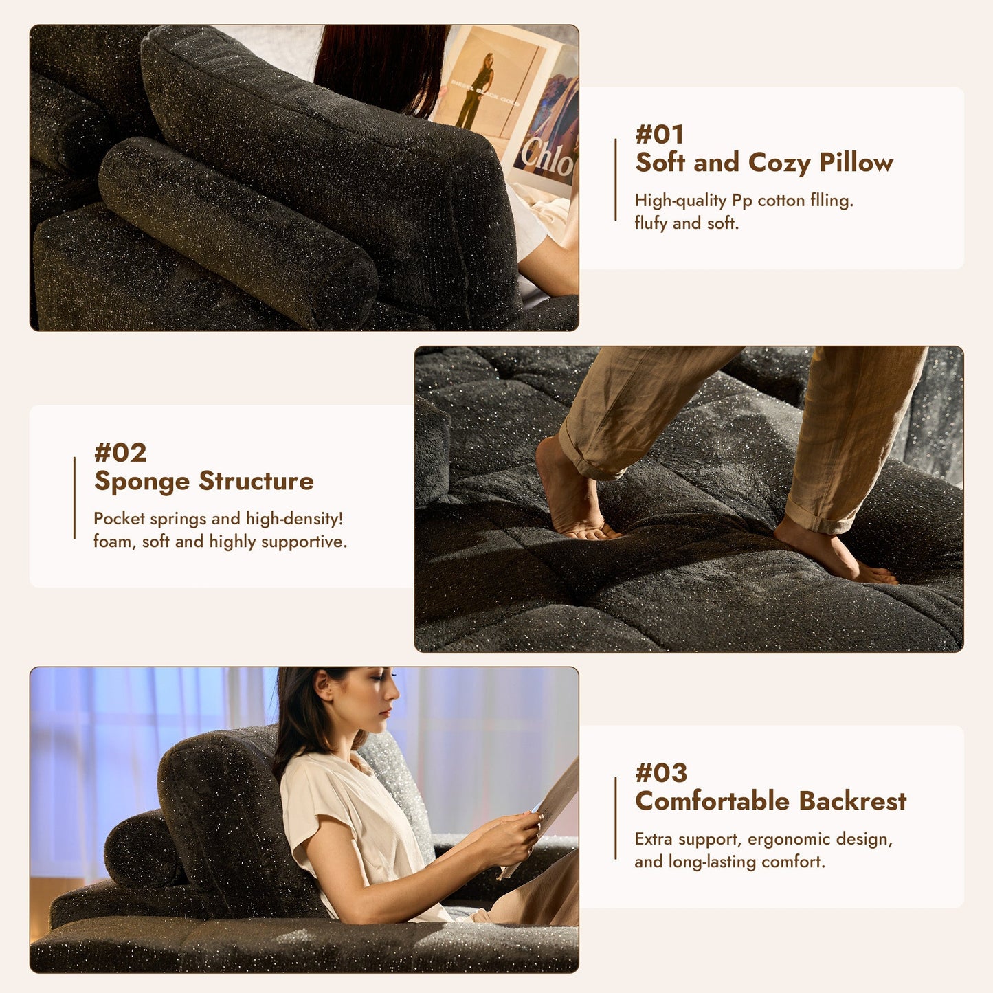 OVIOS 114" Cloud Sectional Sofa - L-Shaped Faux Leather Modular Couch with Deep Seat Chaise