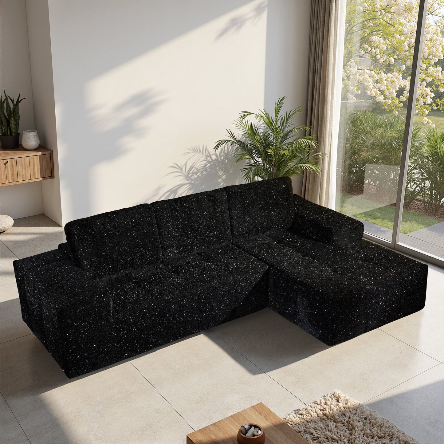 OVIOS 114" Cloud Sectional Sofa - L-Shaped Faux Leather Modular Couch with Deep Seat Chaise