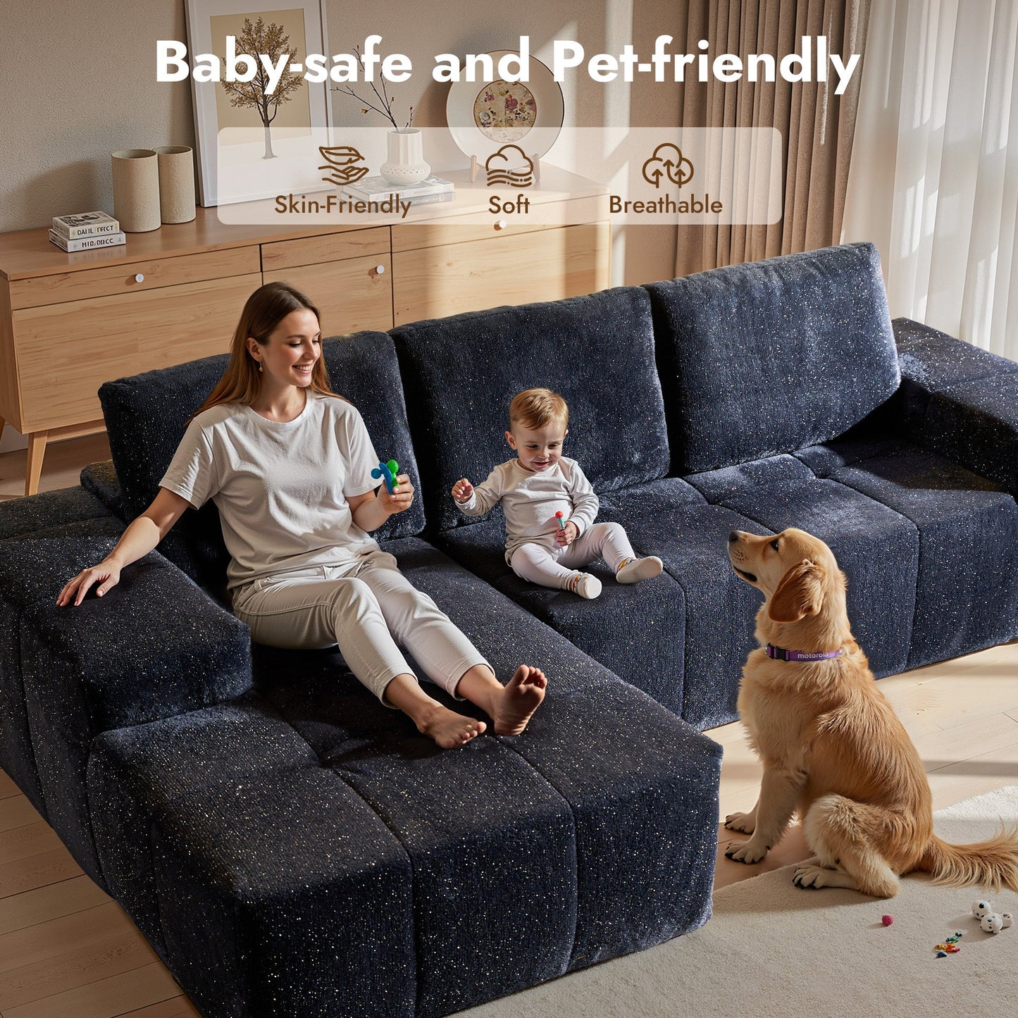 OVIOS 114" Cloud Sectional Sofa - L-Shaped Faux Leather Modular Couch with Deep Seat Chaise