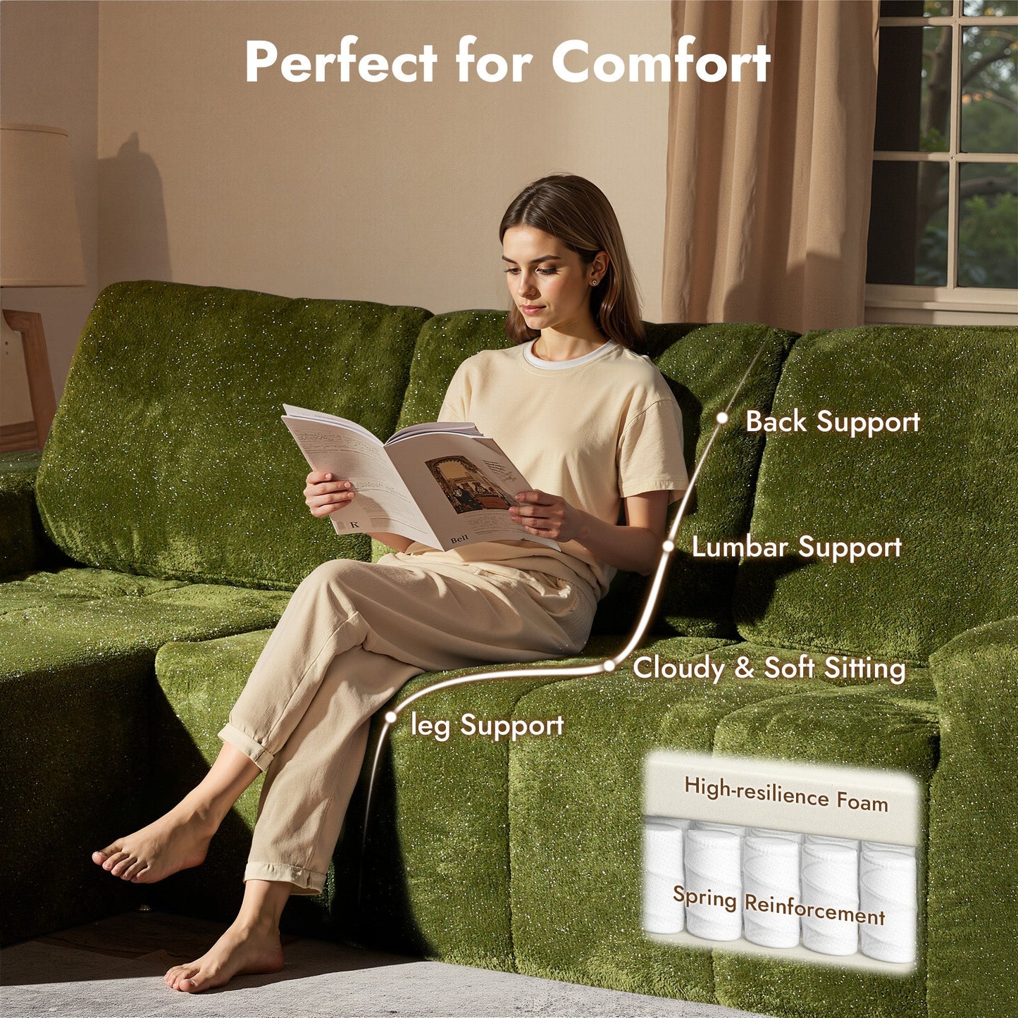 OVIOS 114" Cloud Sectional Sofa - L-Shaped Faux Leather Modular Couch with Deep Seat Chaise