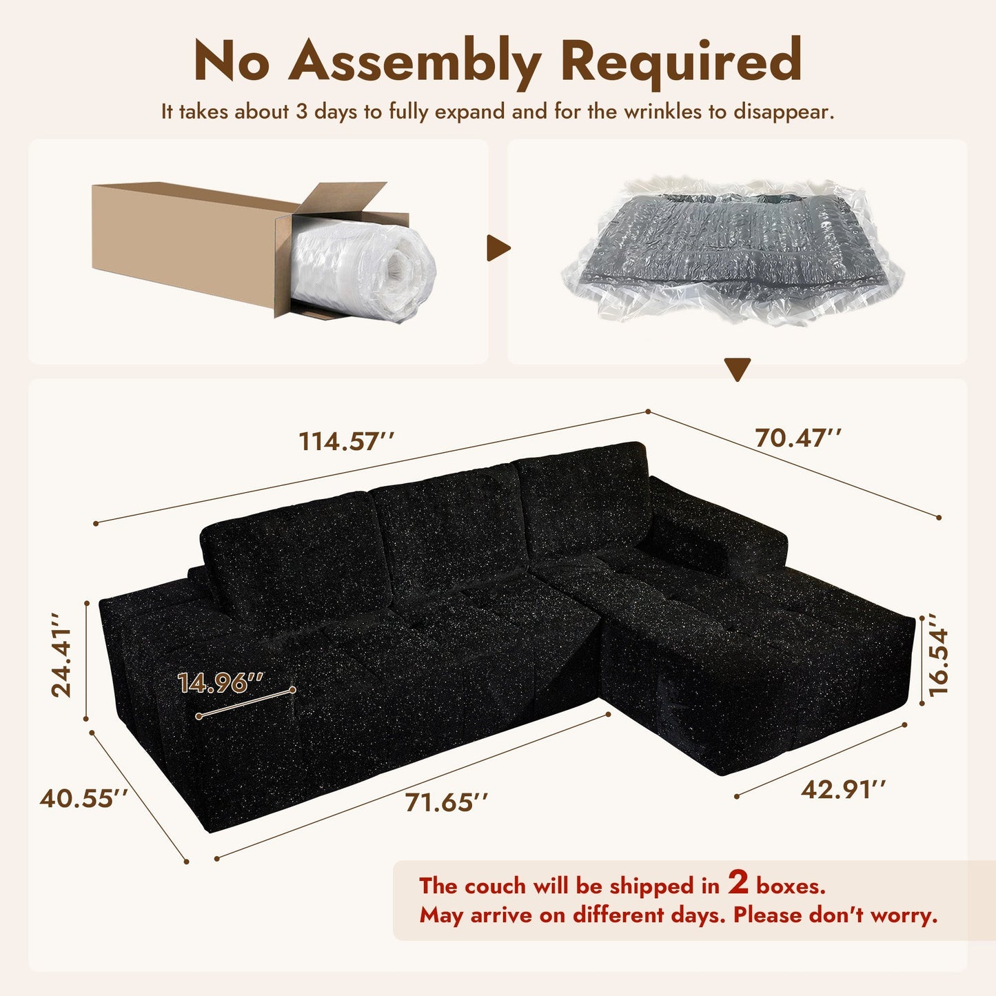 OVIOS 114" Cloud Sectional Sofa - L-Shaped Faux Leather Modular Couch with Deep Seat Chaise