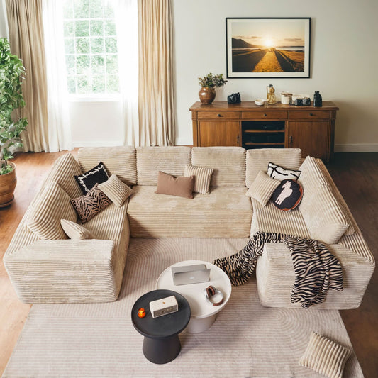 OVIOS sectional cloud couch, living room U-shaped sofa, plush corduroy, memory foam, no assembly required.