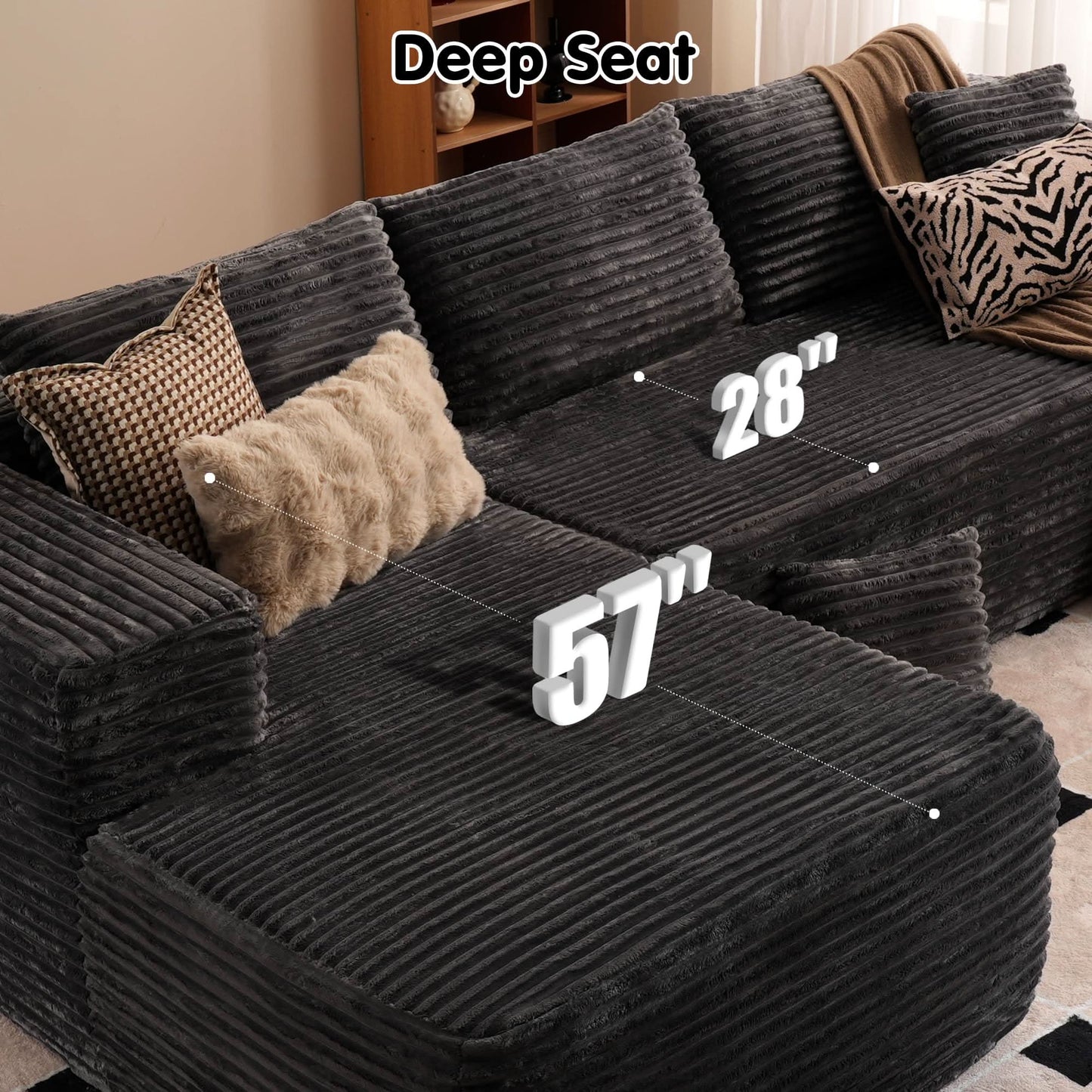 OVIOS 104" L-Shape Modular Couch with Chaise, Plush Corduroy Fabric, No Assembly Required