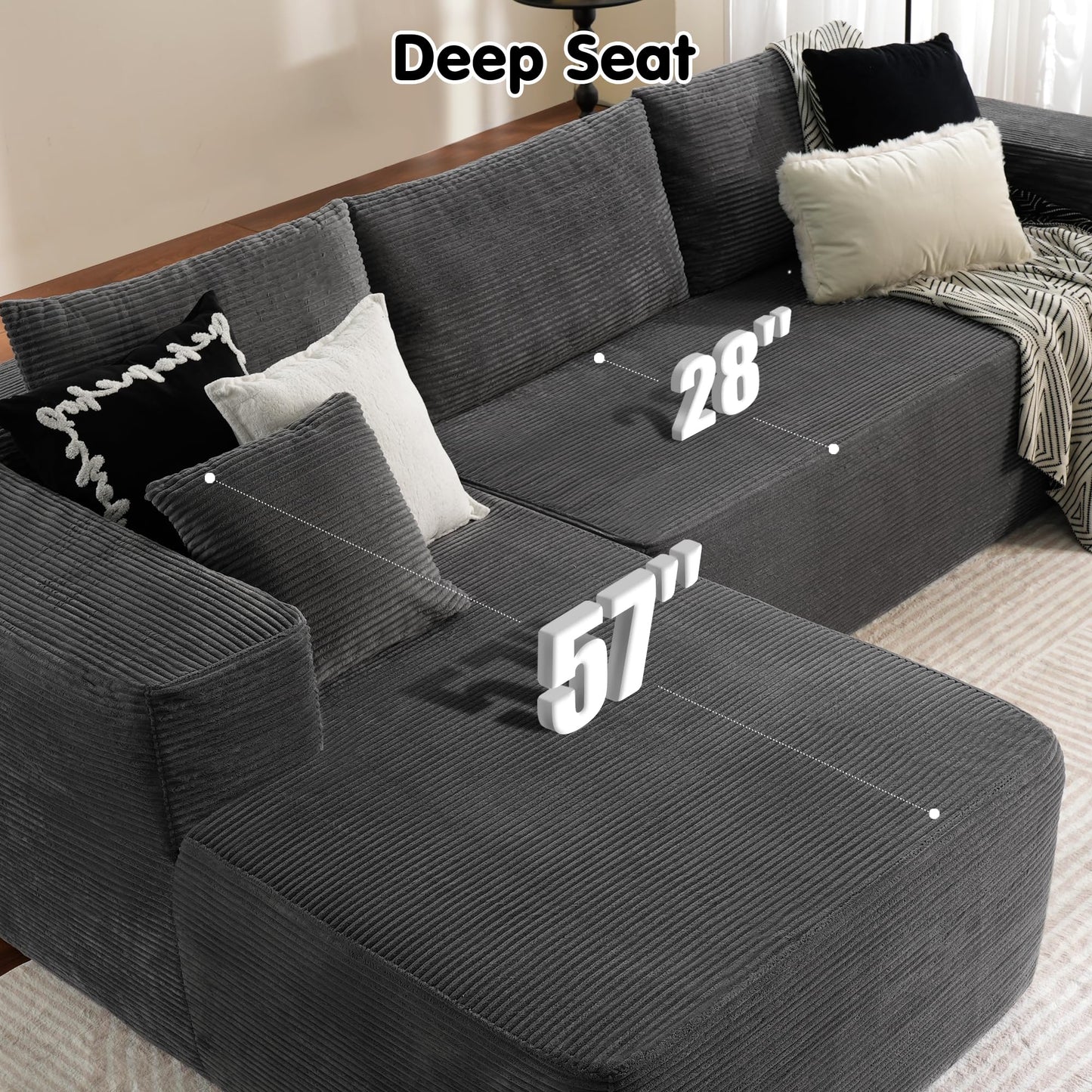 OVIOS 104" L-Shape Modular Couch with Chaise,Corduroy Fabric,No Assembly Required