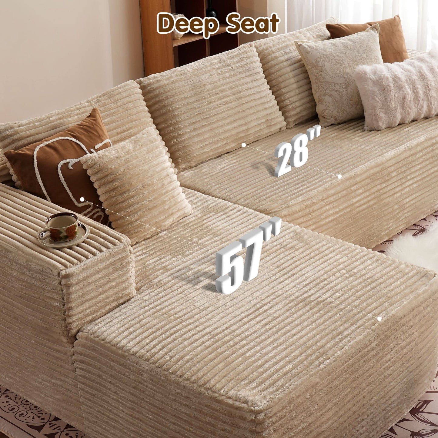 OVIOS 104" L-Shape Modular Couch with Chaise, Plush Corduroy Fabric, No Assembly Required