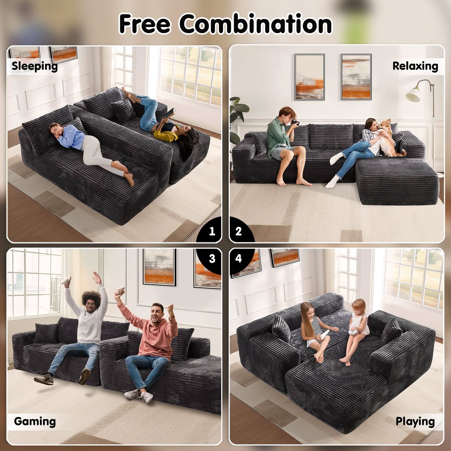 OVIOS 104" L-Shape Modular Couch with Chaise, Plush Corduroy Fabric, No Assembly Required