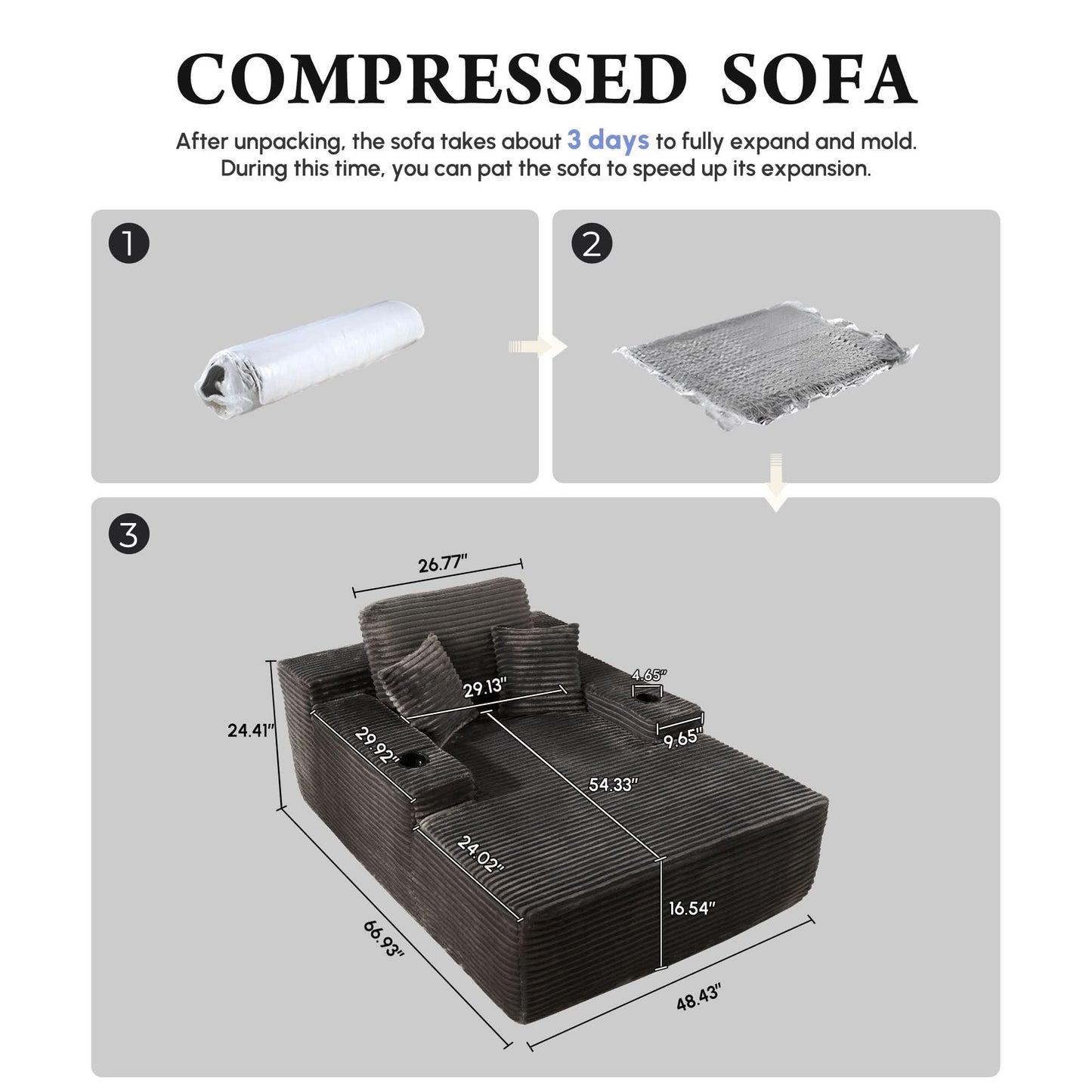 OVIOS 67'' Oversized Chaise Lounge ,Corduroy Sleeper Sofa with Cup Holders
