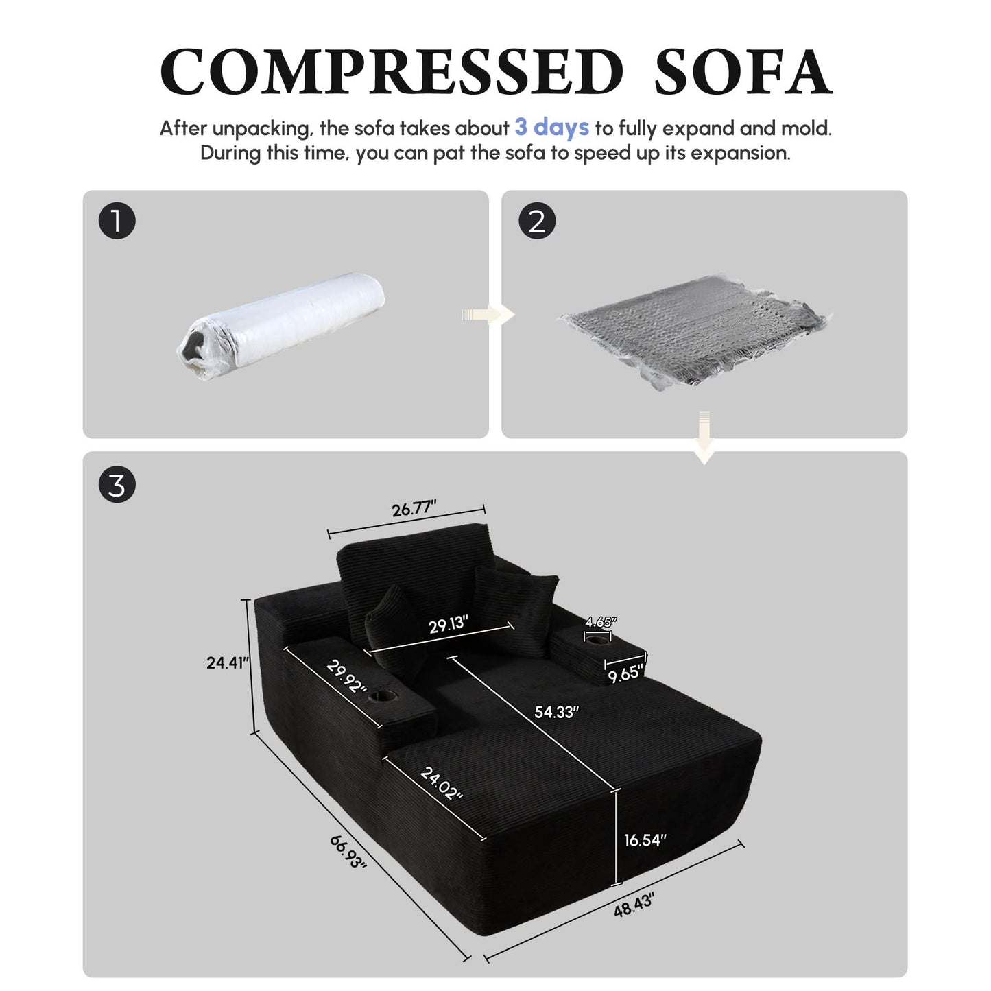 OVIOS 67'' Oversized Chaise Lounge ,Corduroy Sleeper Sofa with Cup Holders