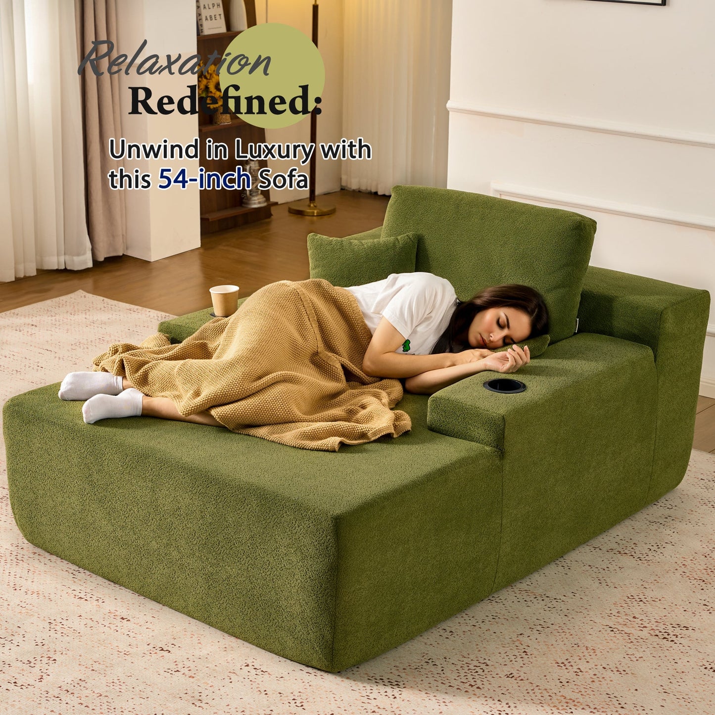 OVIOS 67'' Chaise Lounge Chair with Cup Holders, Plush Velvet Sofa Bed