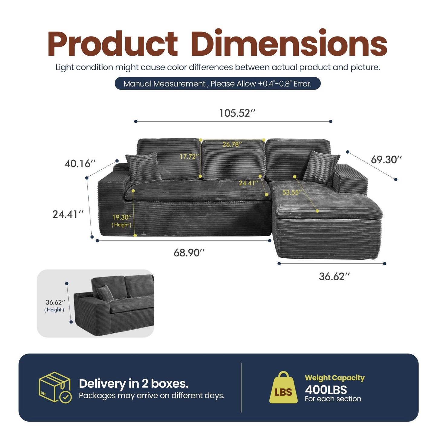 OVIOS 105" Modular L-Shape Sectional Sofa with Chaise, Deep Seat Cloud Couch