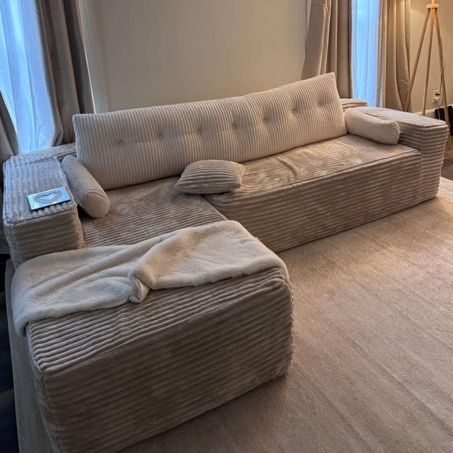 OVIOS 104" L-Shape Modular Couch with Chaise, Plush Corduroy Fabric, No Assembly Required