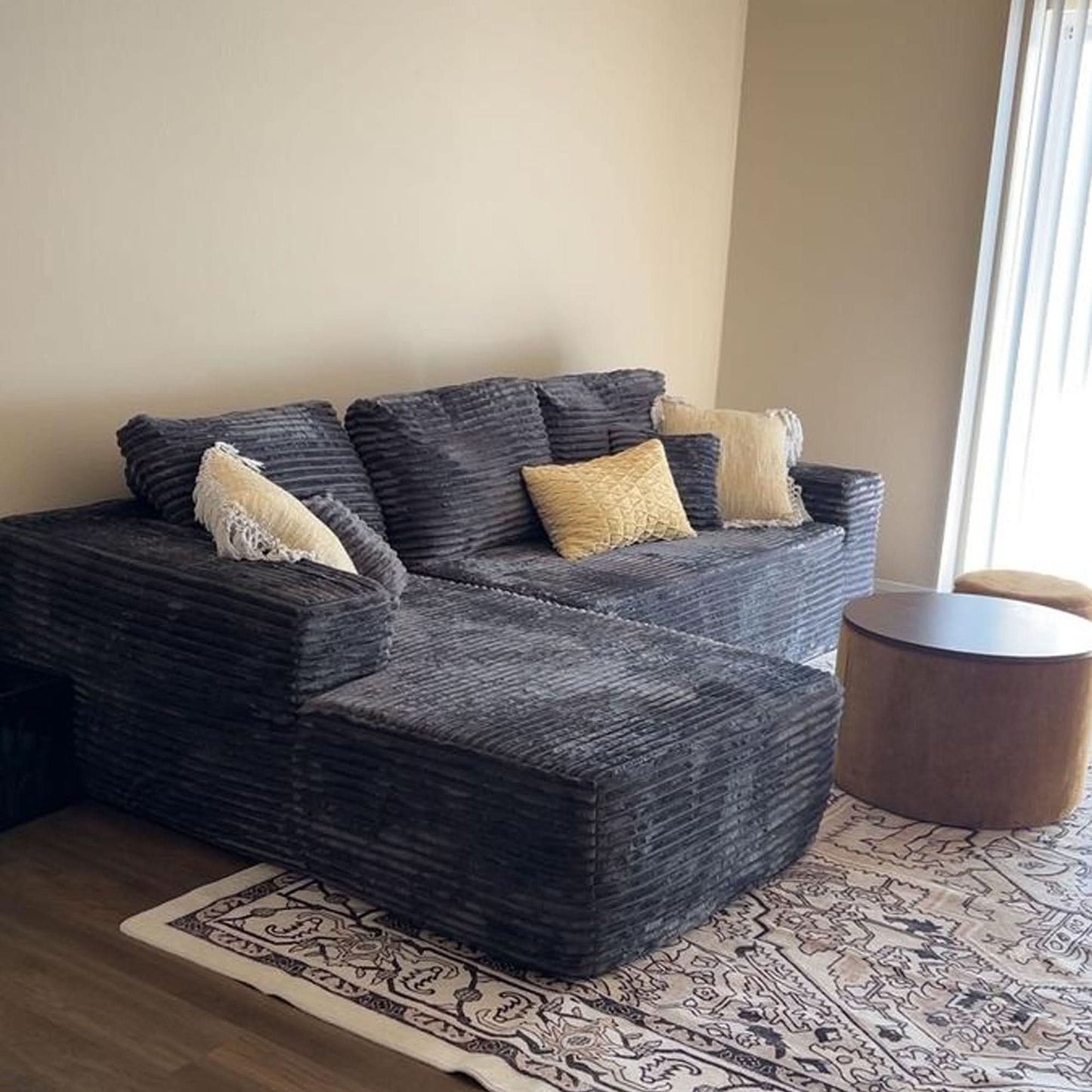 OVIOS 104" L-Shape Modular Couch with Chaise, Plush Corduroy Fabric, No Assembly Required