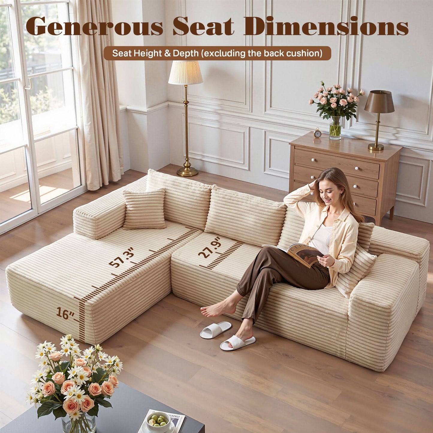 OVIOS 104" L-Shape Modular Couch with Chaise, Plush Corduroy Fabric, No Assembly Required