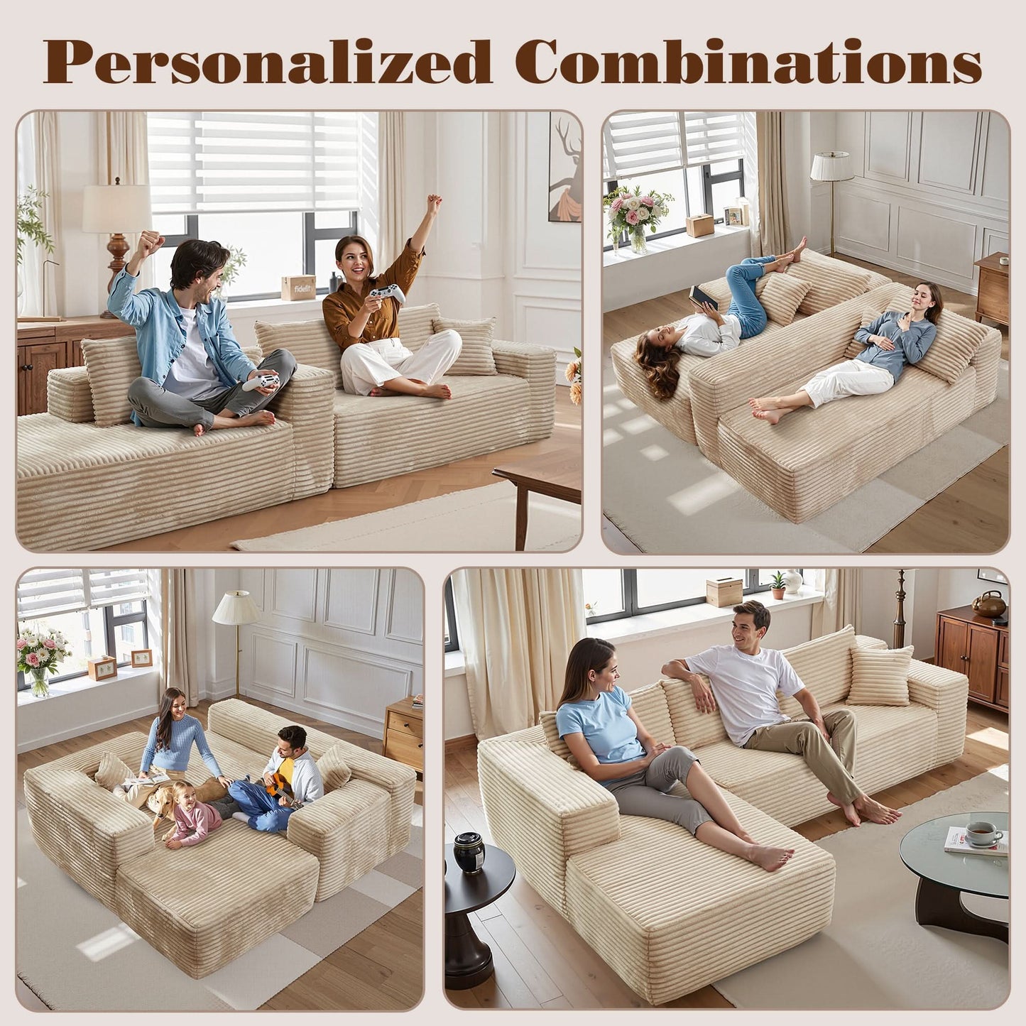 OVIOS 104" L-Shape Modular Couch with Chaise, Plush Corduroy Fabric, No Assembly Required