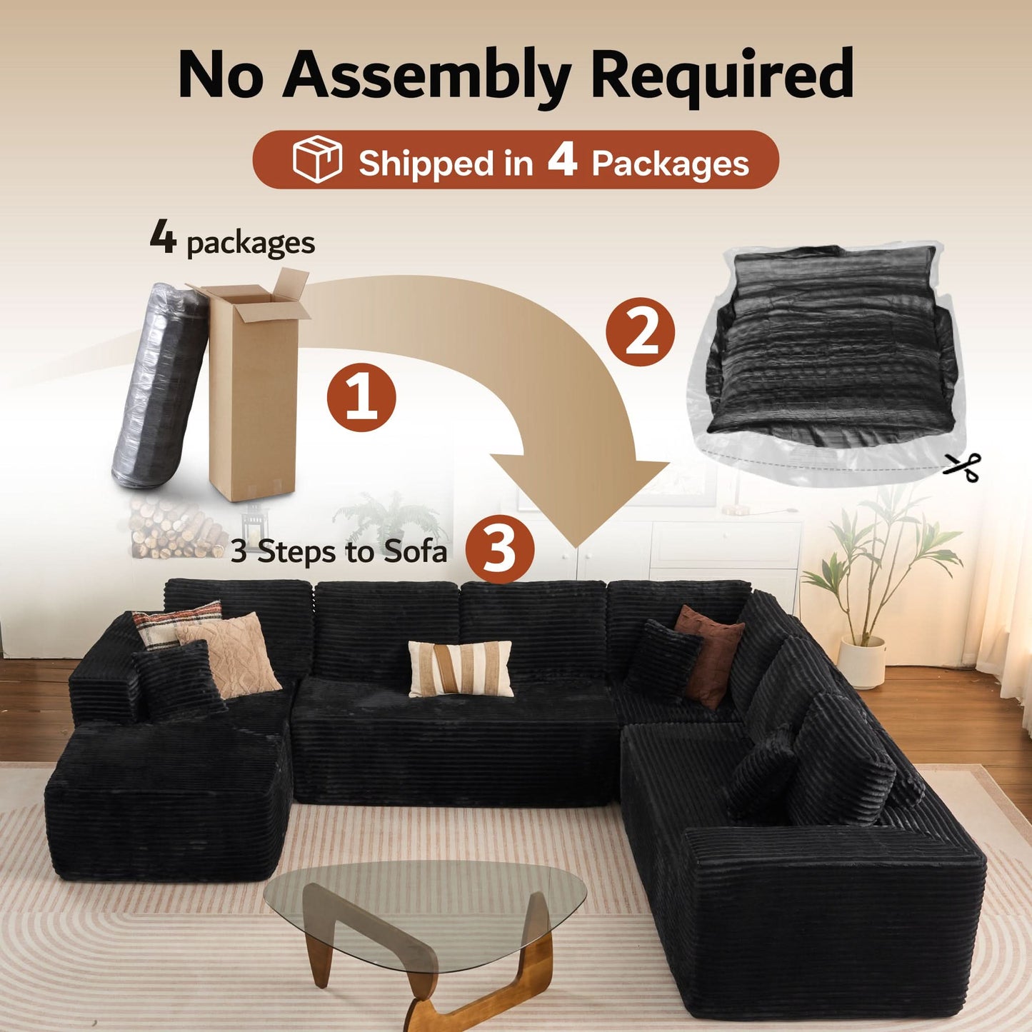 OVIOS Memory Foam Cloud Sofa: Modular L-Shape Chaise in Corduroy Fabric, No Assembly Required