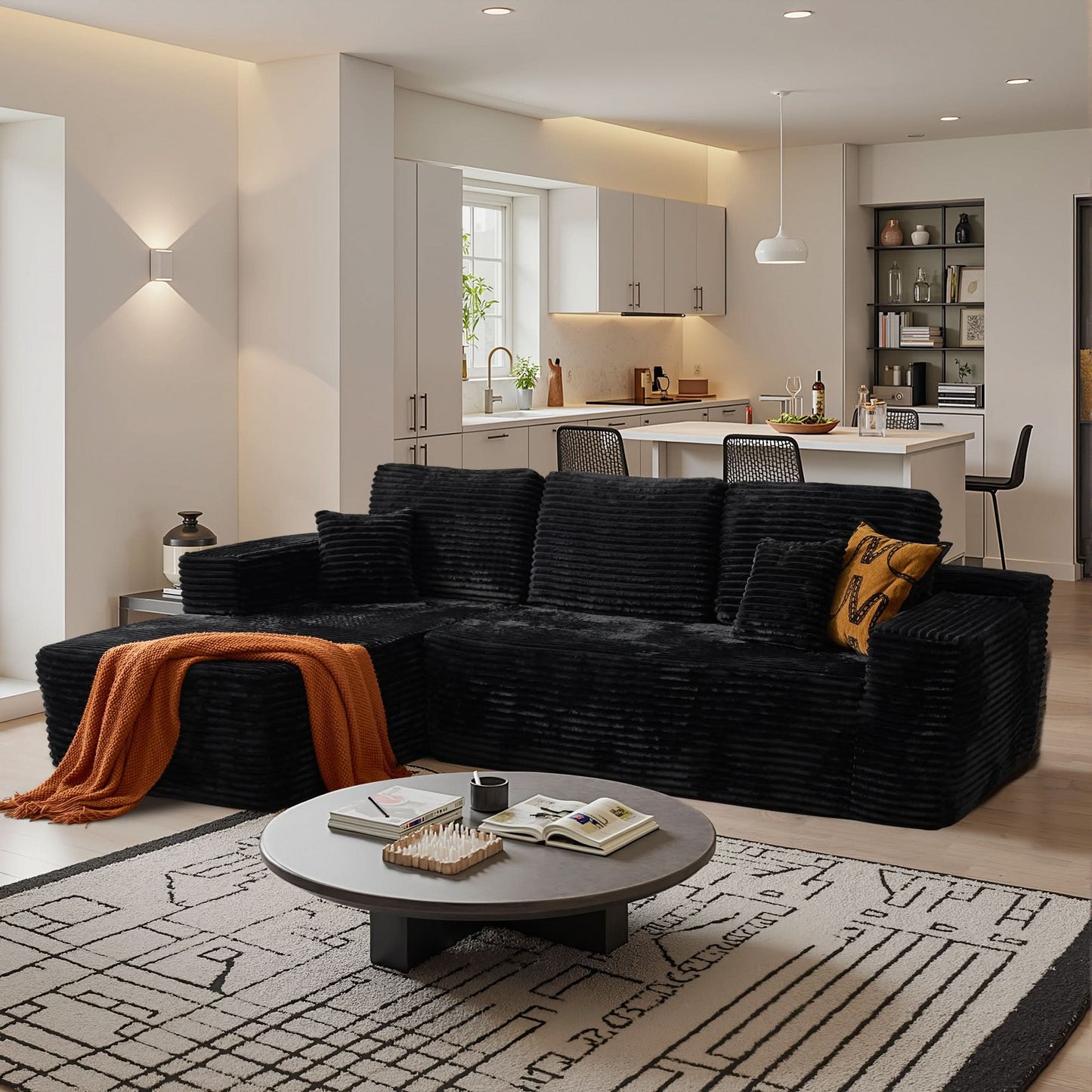 OVIOS 104" L-Shape Modular Couch with Chaise, Plush Corduroy Fabric, No Assembly Required