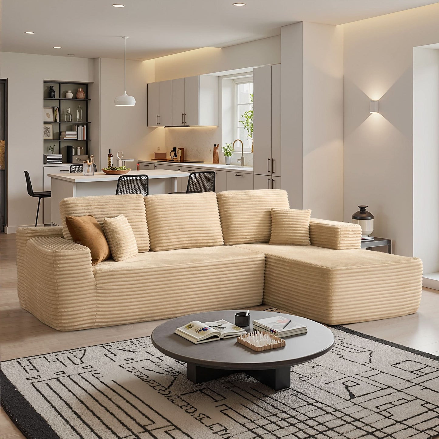 OVIOS 104" L-Shape Modular Couch with Chaise, Plush Corduroy Fabric, No Assembly Required