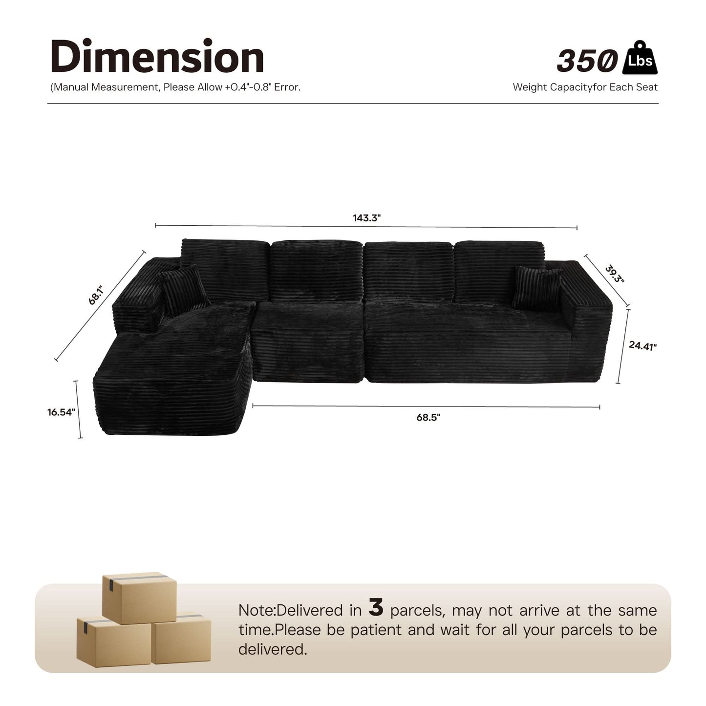 OVIOS Modular Cloud Sofa with Memory Foam, L-Shaped Chaise, Corduroy Upholstery - No Assembly Needed